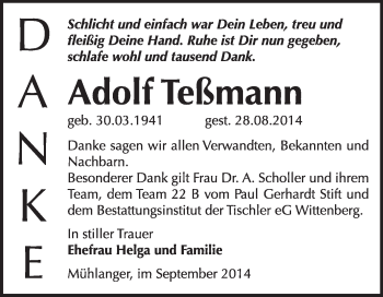 Traueranzeige von Adolf Teßmann von WVG - Wochenspiegel Wittenberg