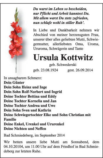 Traueranzeige von Ursula Kottwitz von WVG - Wochenspiegel Wittenberg