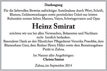 Traueranzeige von Heinz Smirat von Super Sonntag Wittenberg