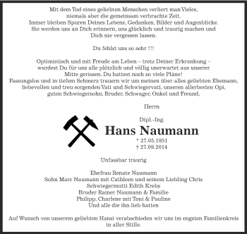 Traueranzeige von Hans Naumann von Super Sonntag Bernburg