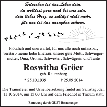 Traueranzeige von Roswitha Gröer von Super Sonntag Dessau / Köthen