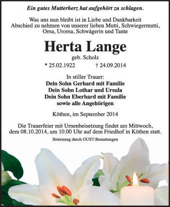 Traueranzeige von Herta Lange von Super Sonntag Dessau / Köthen