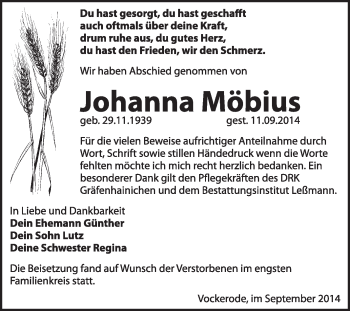 Traueranzeige von Johanna Möbius von WVG - Wochenspiegel Wittenberg