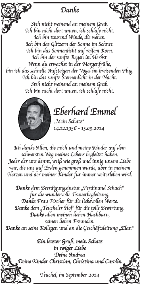  Traueranzeige für Eberhard Emmel vom 05.10.2014 aus WVG - Wochenspiegel Wittenberg