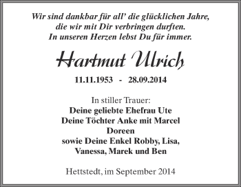 Traueranzeige von Hartmut Ulrich von Super Sonntag SGH Mansf. Land