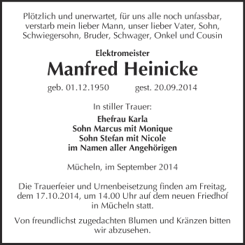 Traueranzeige von Manfred Heinicke von WVG - Wochenspiegel Merseburg