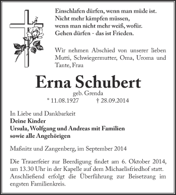 Traueranzeige von Erna Schubert von Super Sonntag Zeitz