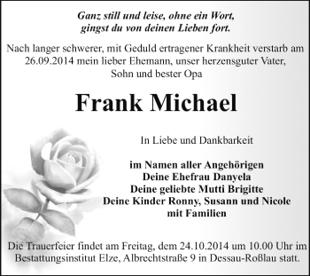 Traueranzeige von Frank Michael von Super Sonntag Dessau / Köthen