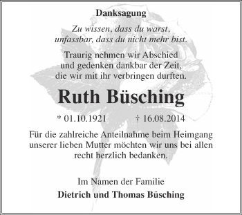 Traueranzeige von Ruth Büsching von WVG - Wochenspiegel NMB / WSF / ZTZ