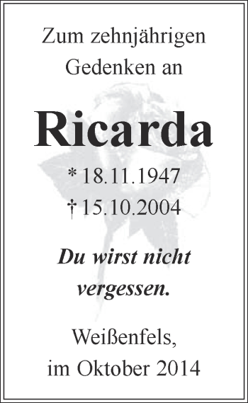 Traueranzeige von Ricarda  von WVG - Wochenspiegel NMB / WSF / ZTZ
