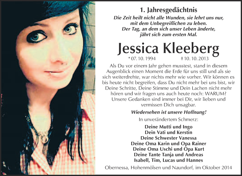  Traueranzeige für Jessica Kleeberg vom 08.10.2014 aus WVG - Wochenspiegel NMB / WSF / ZTZ