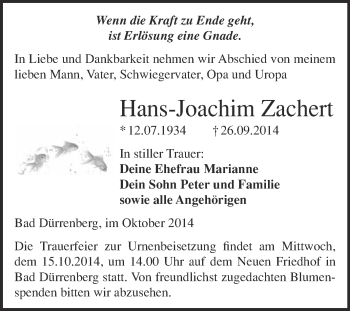 Traueranzeige von Hans-Joachim Zachert von Super Sonntag Merseburg