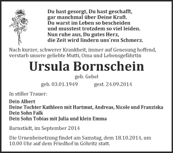 Traueranzeige von Ursula Bornschein von WVG - Wochenspiegel NMB / WSF / ZTZ