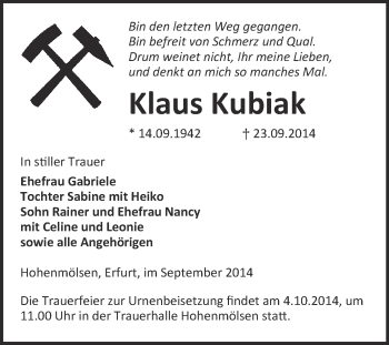 Traueranzeige von Klaus Kubiak von WVG - Wochenspiegel NMB / WSF / ZTZ
