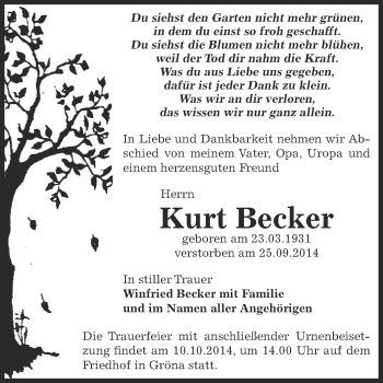 Traueranzeige von Kurt Becker von Super Sonntag Bernburg