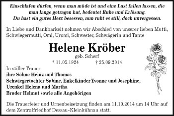 Traueranzeige von Helene Kröber von Super Sonntag Dessau / Köthen