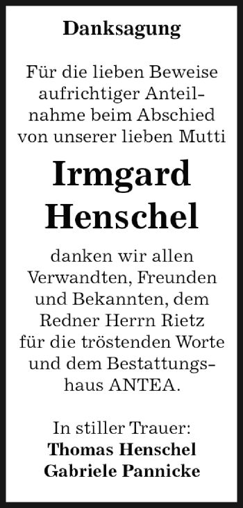 Traueranzeige von Irmgard Henschel von Super Sonntag Dessau / Köthen