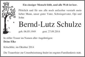 Traueranzeige von Bernd-Lutz Schulze von WVG - Wochenspiegel Merseburg