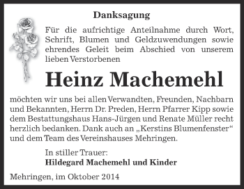 Traueranzeige von Heinz Machemehl von Super Sonntag Aschersleben