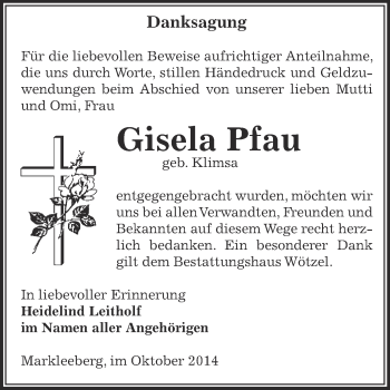 Traueranzeige von Gisela Pfau von Super Sonntag Zeitz
