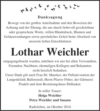 Traueranzeige von Lothar Weichler von WVG - Wochenspiegel Quedlinburg