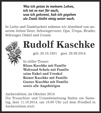 Traueranzeige von Rudolf Kaschke von WVG - Wochenspiegel Aschersleben