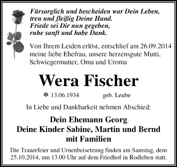 Traueranzeige von Wera Fischer von Super Sonntag Dessau / Köthen