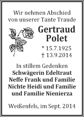 Traueranzeige von Gertraud Polet von WVG - Wochenspiegel NMB / WSF / ZTZ
