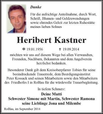 Traueranzeige von Heribert Kastner von Super Sonntag Dessau / Köthen