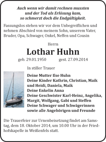 Traueranzeige von Lothar Huhn von WVG - Wochenspiegel NMB / WSF / ZTZ