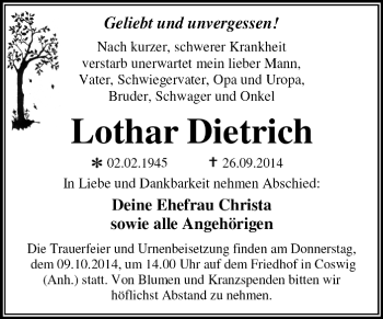 Traueranzeige von Lothar Dietrich von Super Sonntag Dessau / Köthen