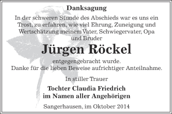 Traueranzeige von Jürgen Röckel von WVG - Wochenspiegel SGH