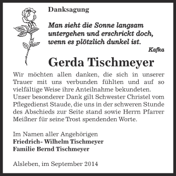 Traueranzeige von Gerda Tischmeyer von Super Sonntag Bernburg