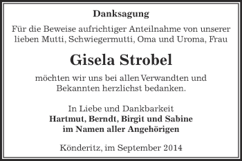 Traueranzeige von Gisela Strobel von Super Sonntag Zeitz