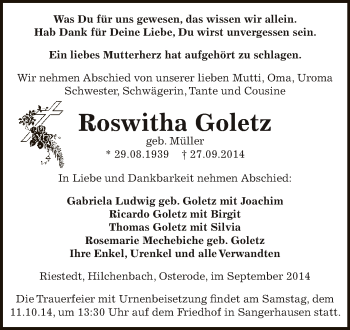 Traueranzeige von Roswitha Goletz von Super Sonntag SGH Mansf. Land