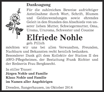 Traueranzeige von Elfriede Nohle von Super Sonntag SGH Mansf. Land
