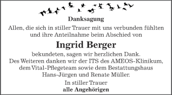 Traueranzeige von Ingrid Berger von Super Sonntag Aschersleben