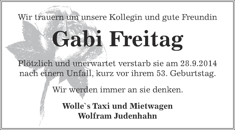  Traueranzeige für Gabi Freitag vom 05.10.2014 aus Super Sonntag Bernburg