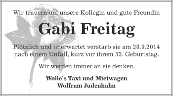 Traueranzeige von Gabi Freitag von Super Sonntag Bernburg
