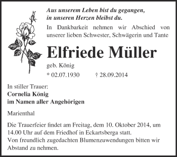 Traueranzeige von Elfriede Müller von WVG - Wochenspiegel NMB / WSF / ZTZ
