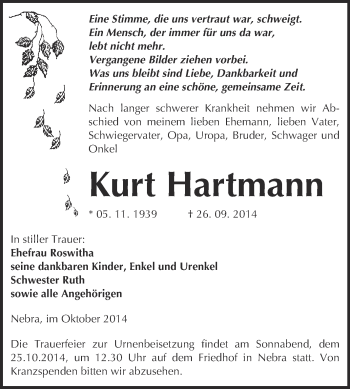 Traueranzeige von Kurt Hartmann von WVG - Wochenspiegel NMB / WSF / ZTZ