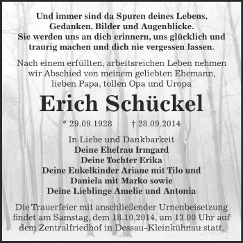 Traueranzeige von Erich Schückel von WVG - Wochenspiegel Dessau / Köthen