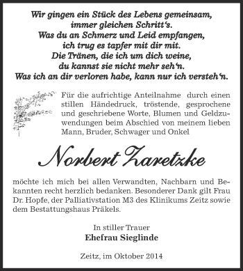 Traueranzeige von Norbert Zaretzke von Super Sonntag Zeitz