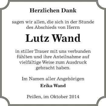 Traueranzeige von Lutz Wand von Super Sonntag Bernburg