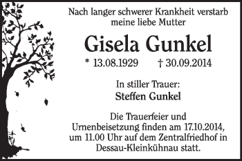 Traueranzeige von Gisela Gunkel von Super Sonntag Dessau / Köthen