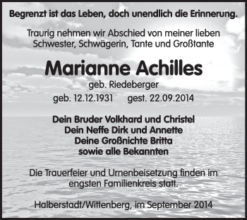 Traueranzeige von Marianne Achilles von WVG - Wochenspiegel Wittenberg