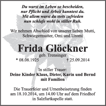 Traueranzeige von Frida Glöckner von Super Sonntag Dessau / Köthen