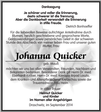 Traueranzeige von Johanna Quicker von Super Sonntag Zeitz