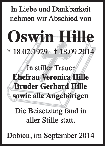 Traueranzeige von Oswin Hille von Super Sonntag Wittenberg