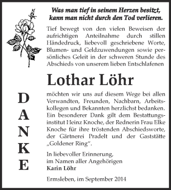 Traueranzeige von Lothar Löhr von Super Sonntag Aschersleben
